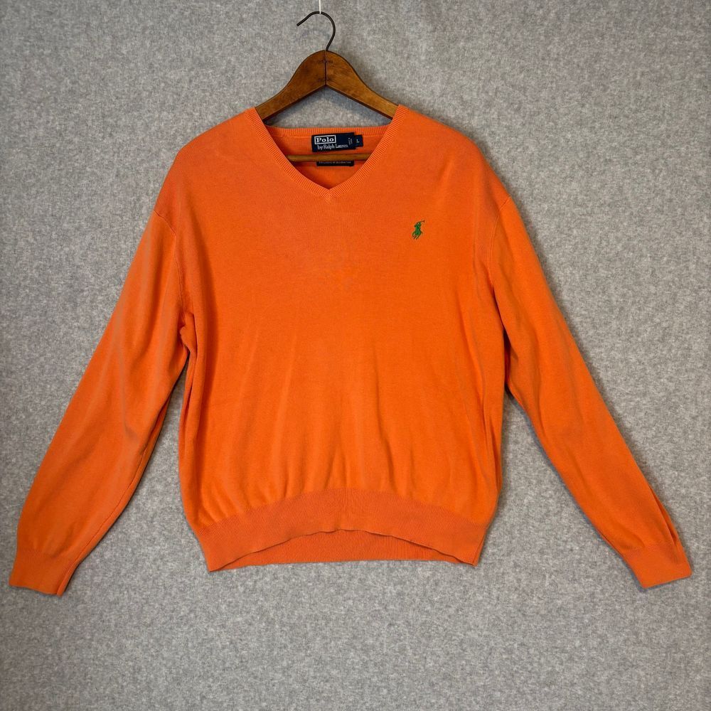 Vintage Polo‎ Ralph Lauren Men's Orange Pullover Sweater Large Cotton Y2K Preppy